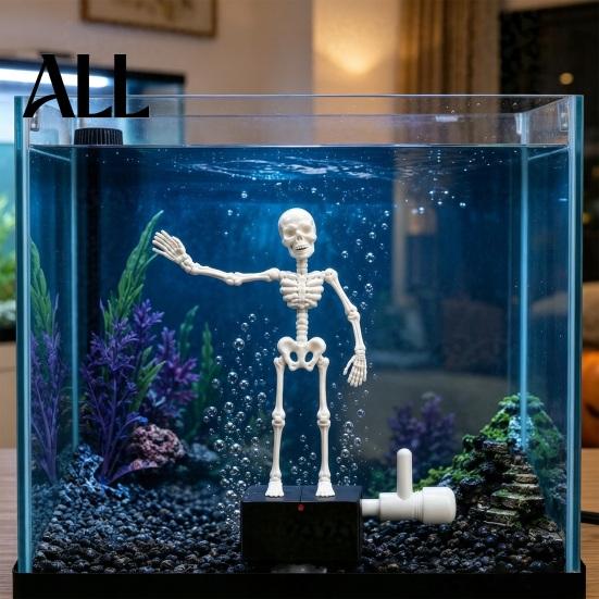 Freshwater Aquarium Landscaping Halloween Dancing Skeleton, Bubble Driven Moving Joints Skeleton Decorations Ornament, Realistic Swing Skull