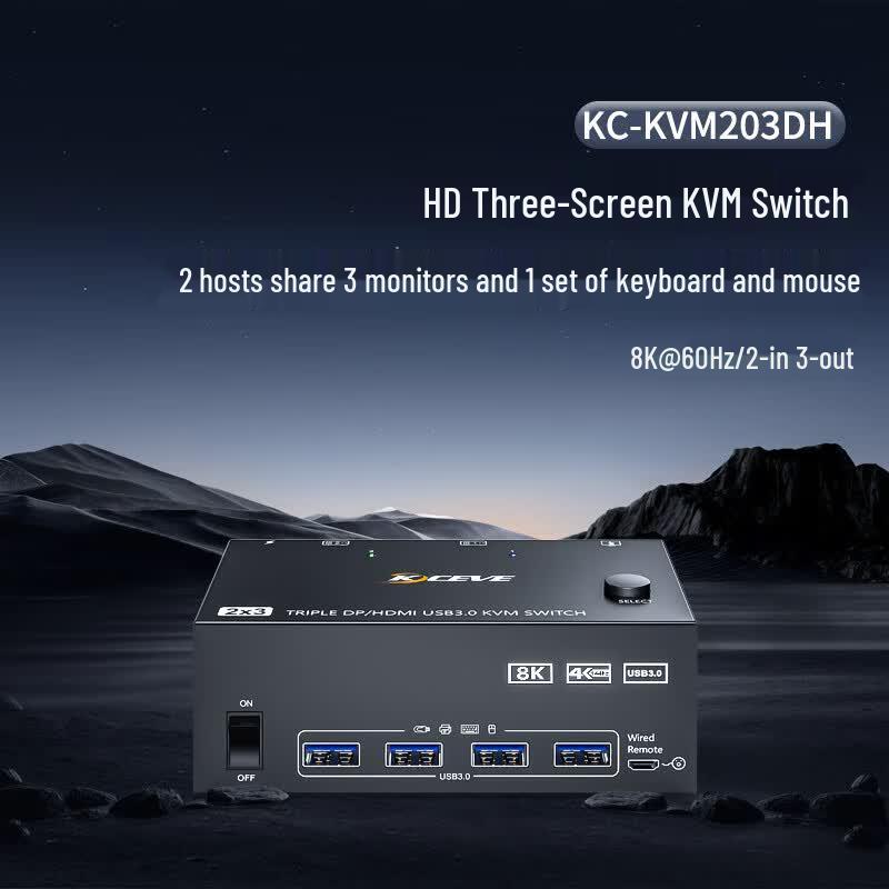 KVM Switch for 2 Computers, 3 Monitors (HDMI+DP, 8K)