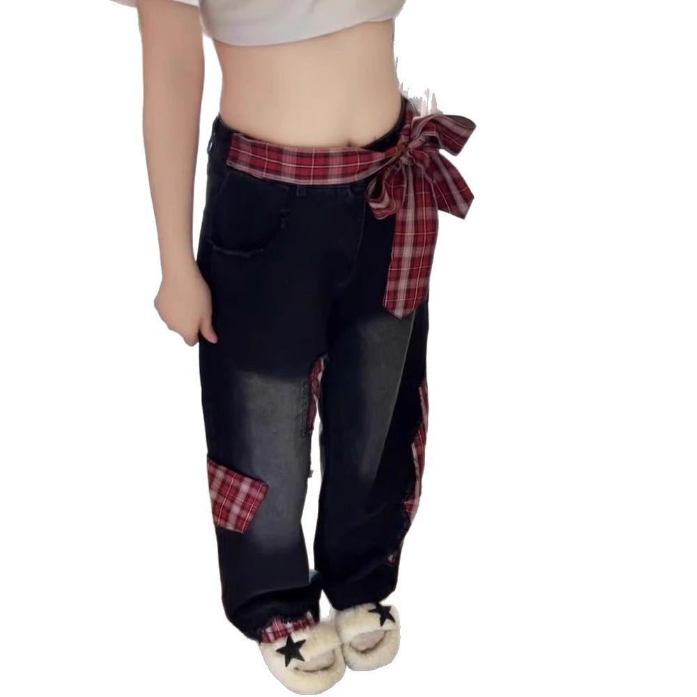 Women's High Waist Red Plaid Patchwork Wide Leg Jeans - Retro Loose Slimming Mop Pants for Spring/Summer