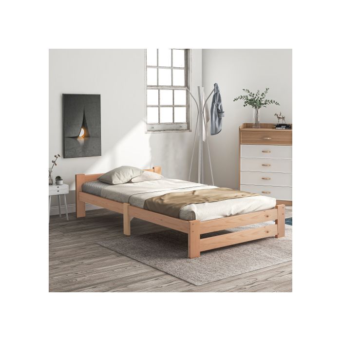 Solide Lit En Bois Massif Lit Futon En Bois Massif Naturel Lit En Avec Tête De Lit Et Sommier À Lattes , Naturel (200x90cm)