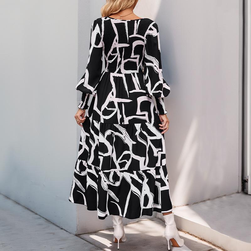 V-neck Clothes Skirt 2025 Autumn New He Print Long Dress