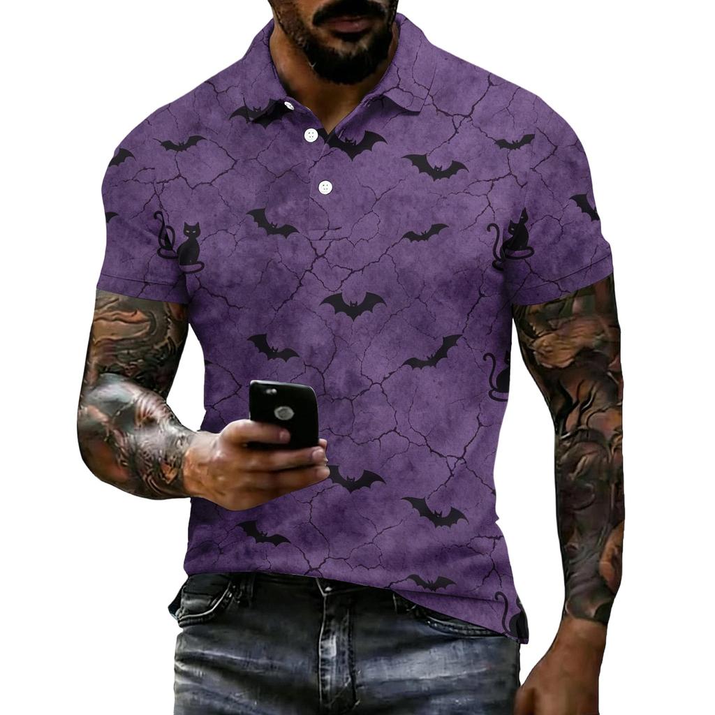 Men's Halloween Print Short Sleeve Polo Shirt Loose Casual Summer Daily Wear Top with Button Collar and Relaxed Fit for Outdoor Activities