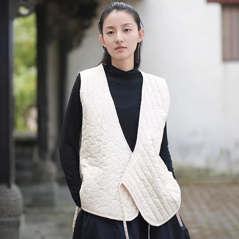 

Johnature Женское винтажное осеннее безрукавное однотонное женское пальто в китайском стиле с V-образным вырезом One Size бежевый