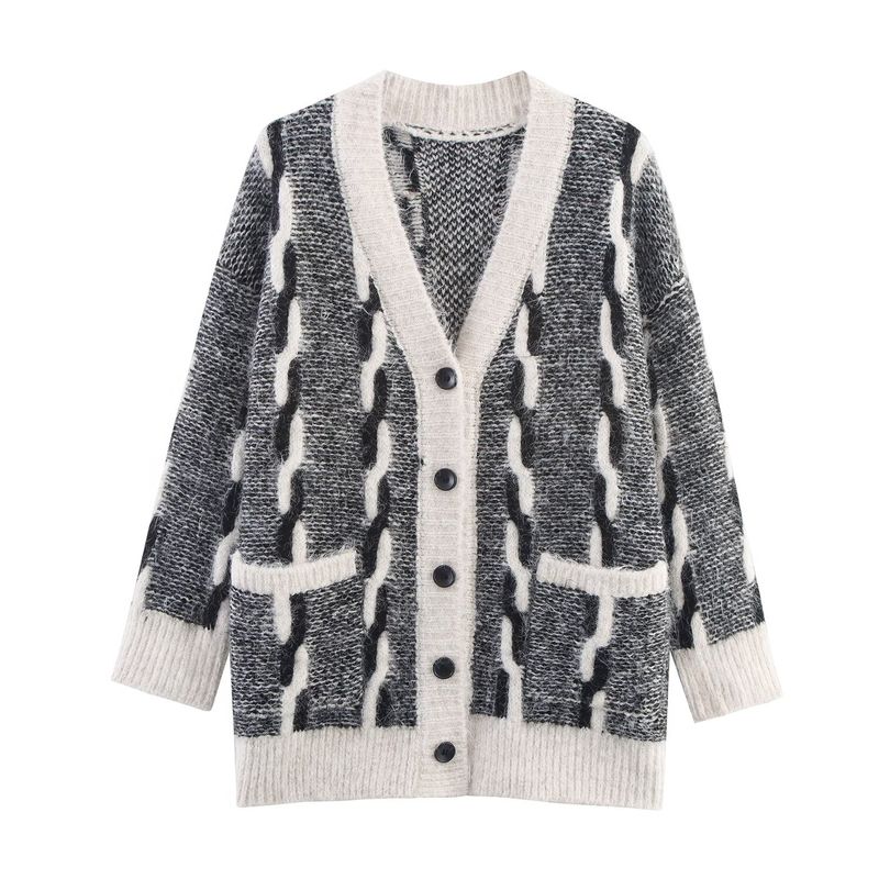 Kaslead New Women clothes Western Style Contrast Color Twist V-neck Loose Sweater Long sleeve Knit cardigan Outerwear