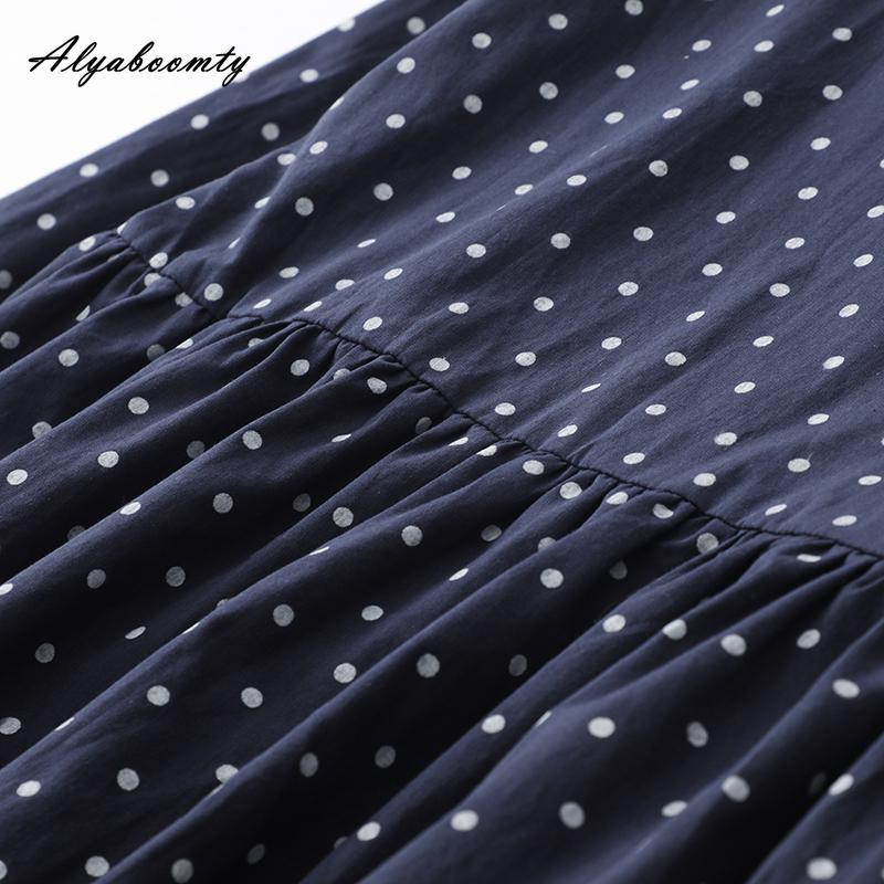 Mori Girl Spring Autumn Women Shirt Dress Turn-Down Collar Polka Dot Loose Dress Navy Blue Vintage Elegant Chic Dress