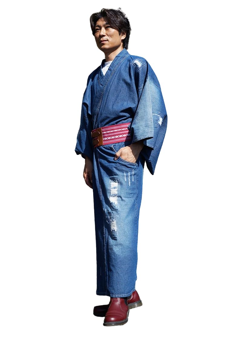 

Kimono Denim Washable Kimono Denim Plain Distressed [Uka Himeka] Men s M/L/LL Men s (Indigo Crush, M)