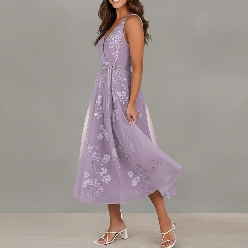 2026 women's spring new, Amazon cross-border Europe and the United States, elegant temperament printed waist lace-up dress