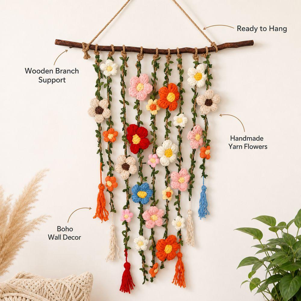 Wooden Branch Crochet Wall Hanging Yarn Floral Tapestry Macrame Wall Hanging  Living Room Decor