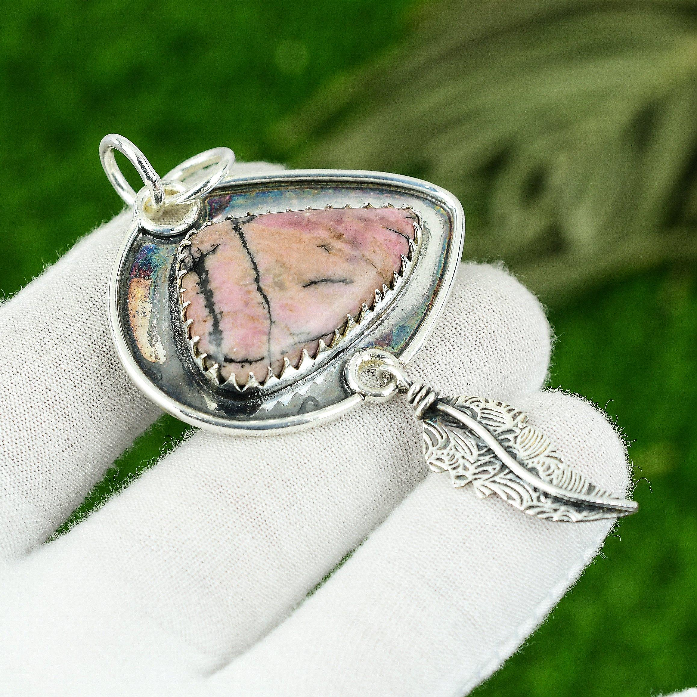 

Womens day Sale Trillion Rhodonite Stone Boho Ethnic Pendant 925 Sterling Silver