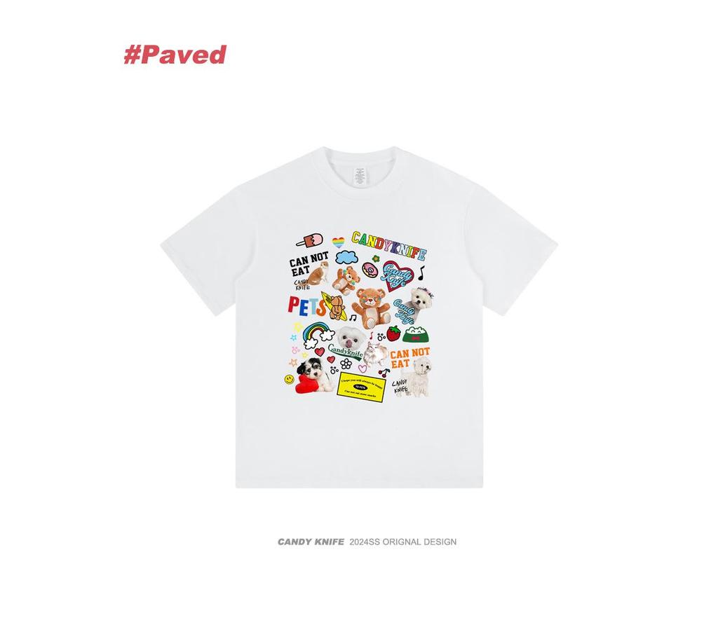 Ulzzang Cartoon Print Drop Shoulder Short Sleeve T-Shirt for Men & Women - Loose Fit