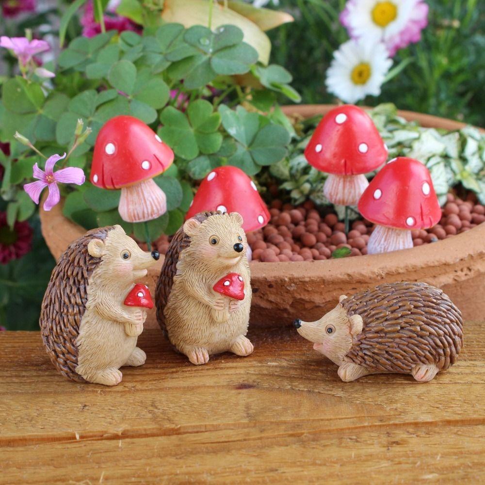 7pcs Cartoon Animal Sculpture Resin Garden Miniatures Figurine Hedgehog Mushroom Statue  Outdoor