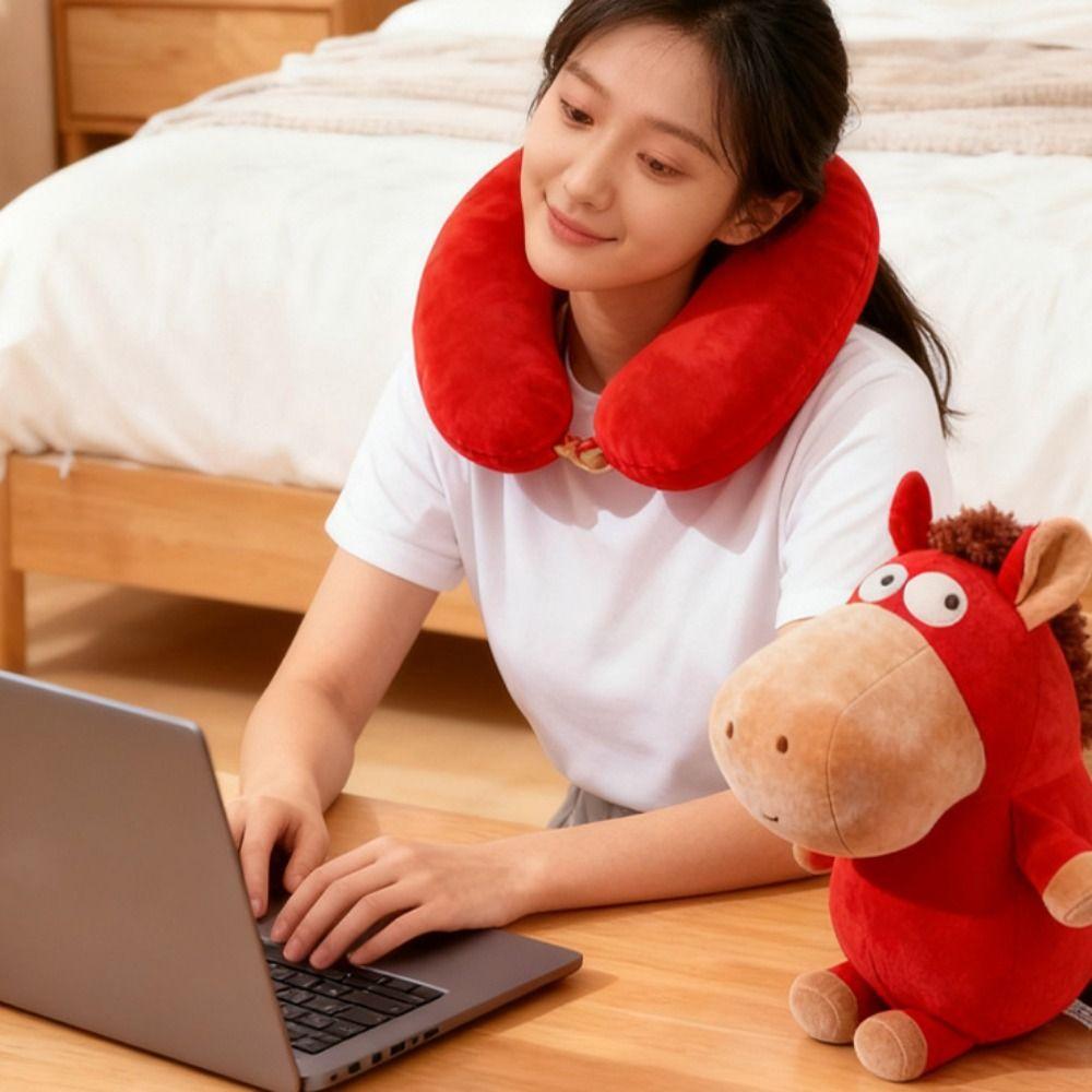 2 in 1 Deformable Horse U-shaped Pillow Skin-friendly Soft Office Nap Pillow Cartoon Foam Particle Sleep Pillow Business Trip