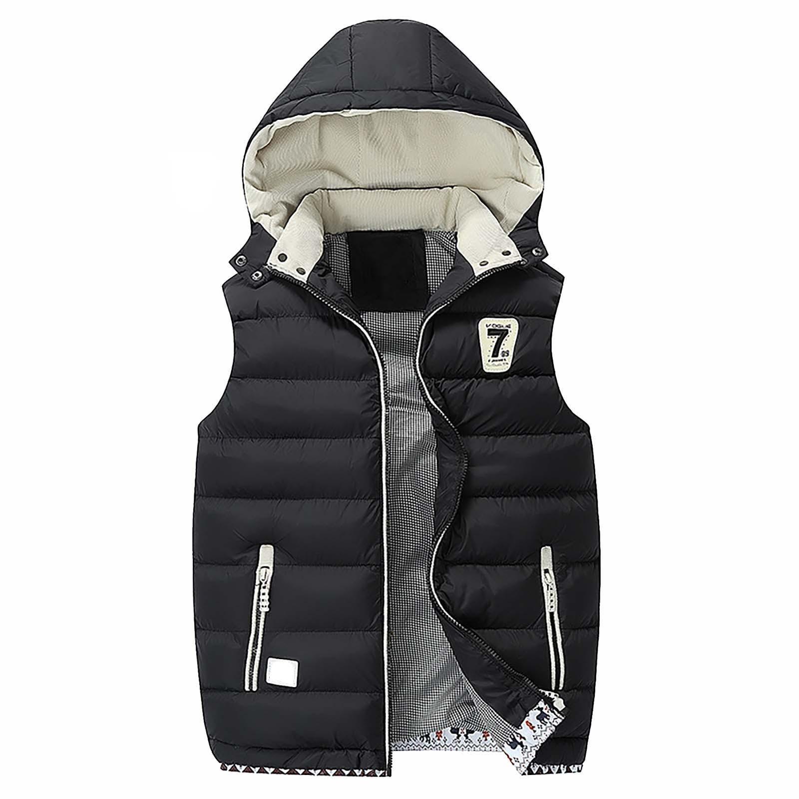 Unisex Winter Einfarbig Reißverschluss Jacke Unisex Casual Fashion Oberbekleidung Mit Kapuze Ärmellose Weste XXL schwarz