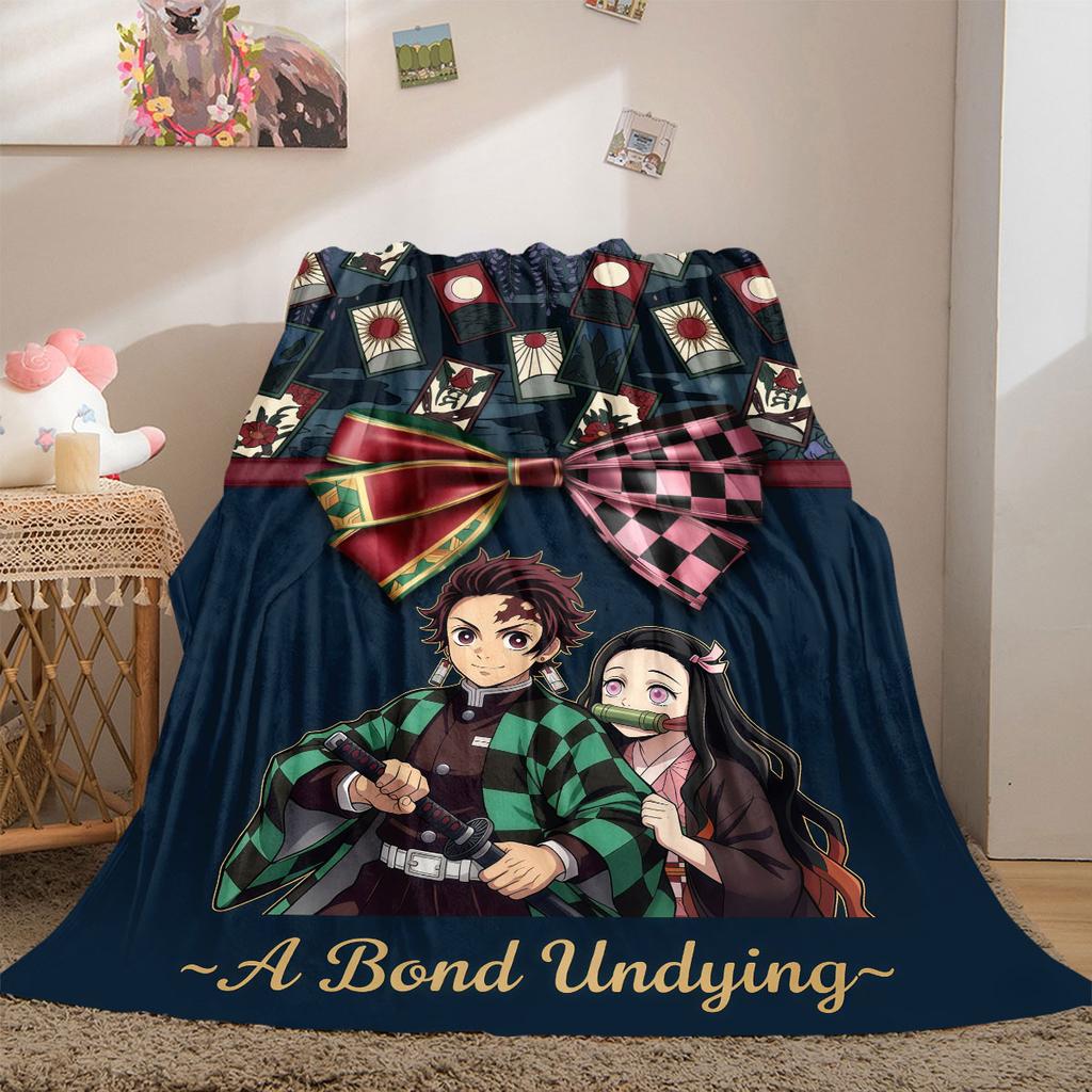 Demon Slayer Chic Cartoon Flannel Blanket, Printed Graphics for Sofa and Bed, Warm Bedding for Chairs and Travel_LIAN