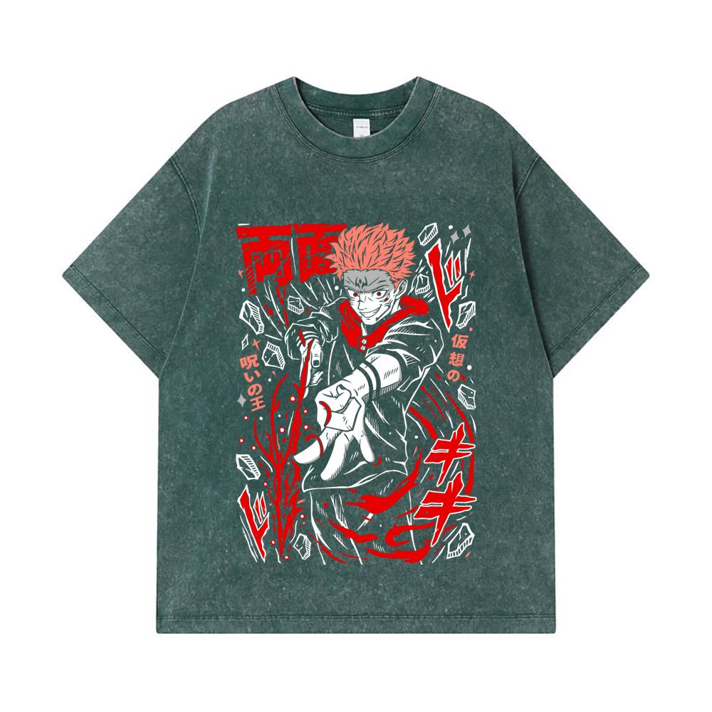 275 GSM Washed T-shirts 100% Cotton Jujutsu Kaisen V31 Sukuna Print Unisex Heavy Cotton T Shirt
