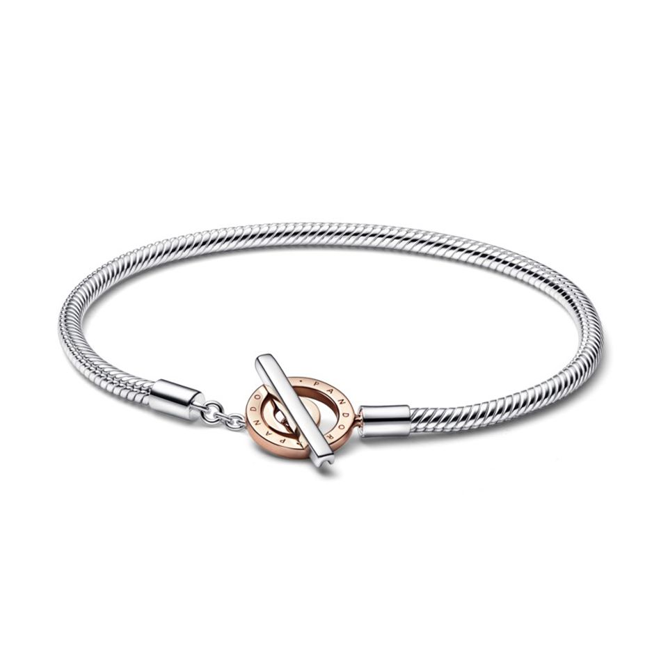 Pandora Signature Series Logo T-Bar Double Color Snake Chain Bracelet Women bracelet Silver Rose-Gold 582309C00 18
