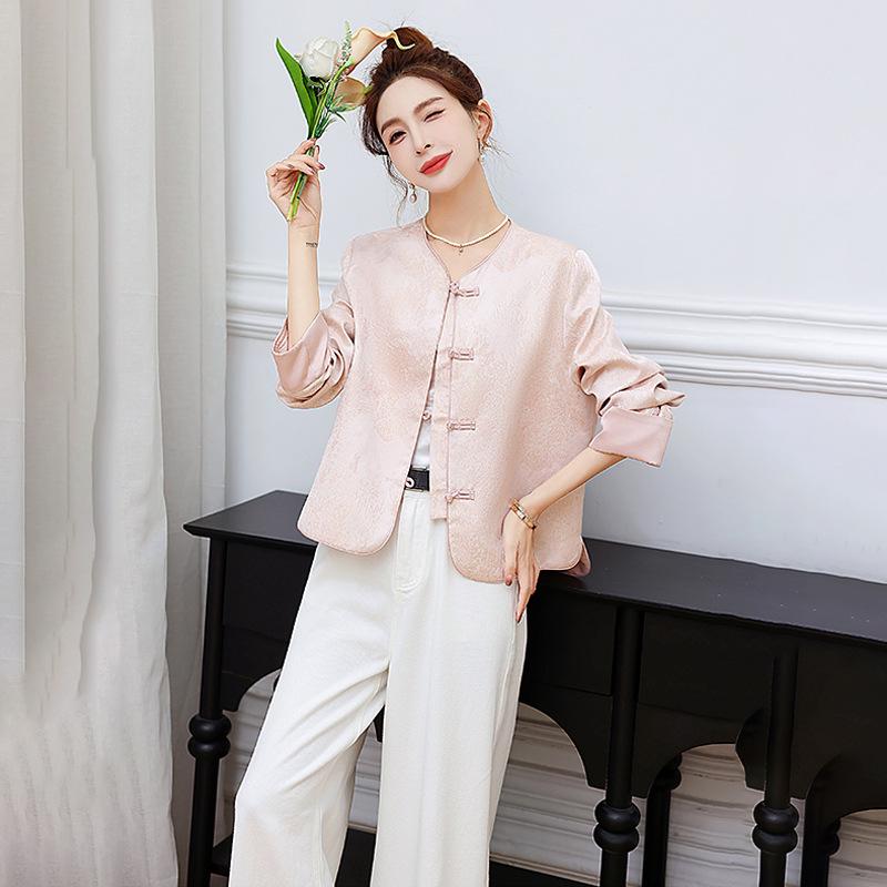 2025 Women's Spring Jacquard Color Block Retro Jacket with Frog Buttons