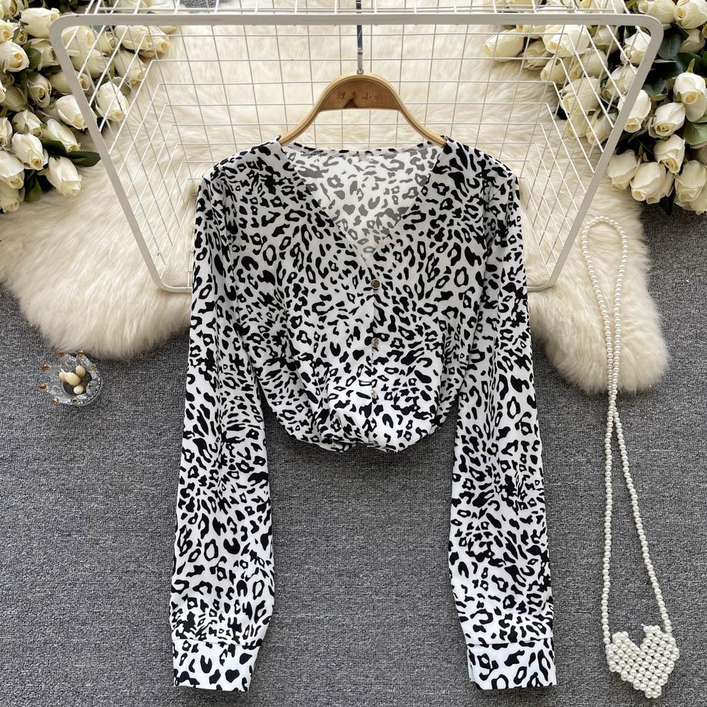 

Осенний новый свободный универсальный топ с v-образным вырезом в европейском и американском стиле, леопардовый темперамент, ретро, ​​женская одежда