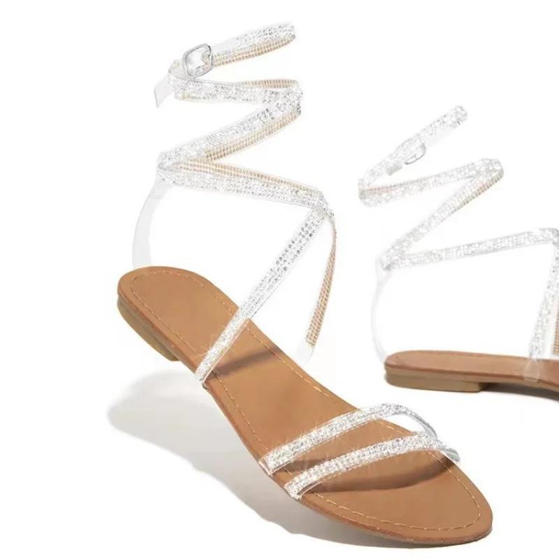 Fashion Shiny Rhinestone Women Sandals Gladiator Flat Heel Lace Up Ladies Platform Party Wedding Shoes Ankle Strap Sexy Zapatos De Mujer