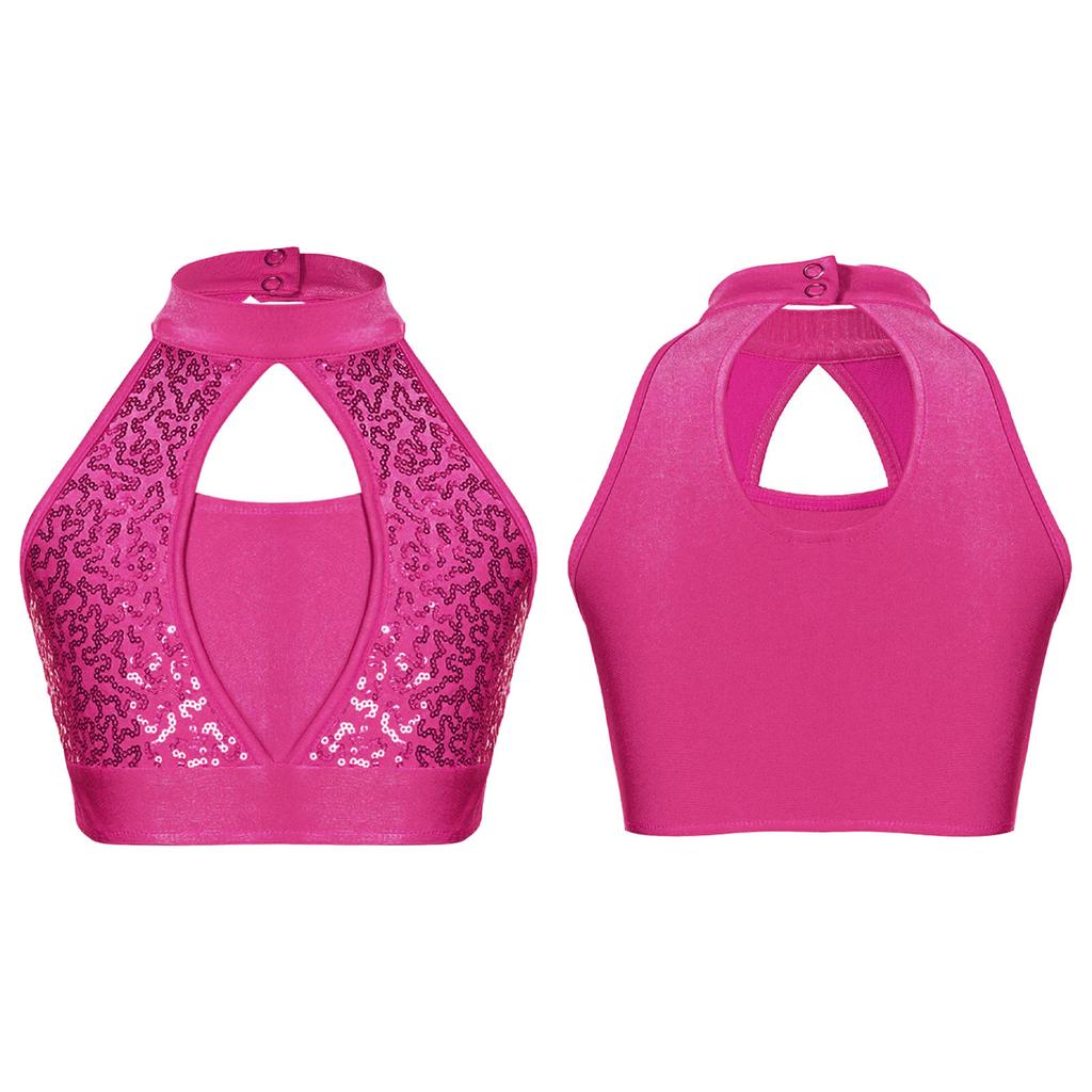Girls Sleeveless Mock Neck Crop Top Sequin Patchwork Hollow Front Keyhole Back Dancewear