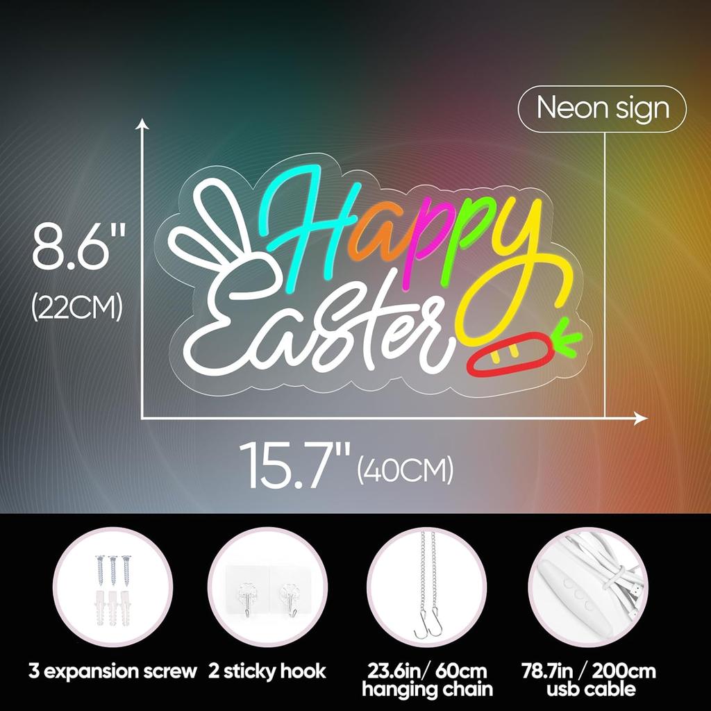 Happy Easter Neon Sign Easter Bunny Neon Light for Wall Decor, USB Powered & Dimmable LED Easter Window Lights for Kids Gifts Bedroom Party