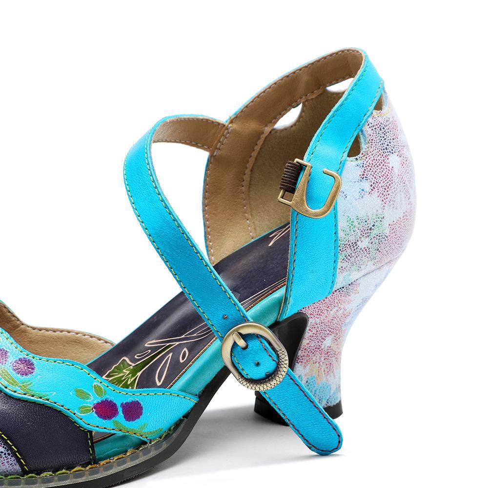 Dámské boty na středním podpatku pravá kůže ručně malované retro kontrastní kulatá špička pohodlné sandály