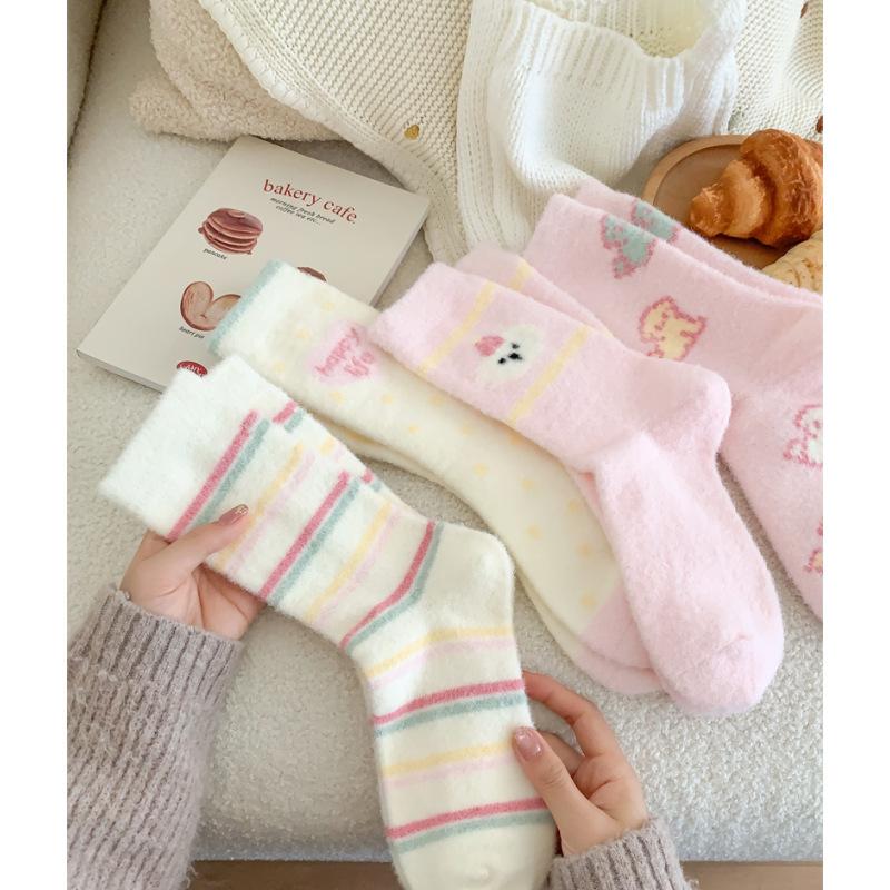 Pink Australian Velvet Socks Thickened Warm Medium Tube Socks Cartoon Striped Cute Plush Floor Socks Women