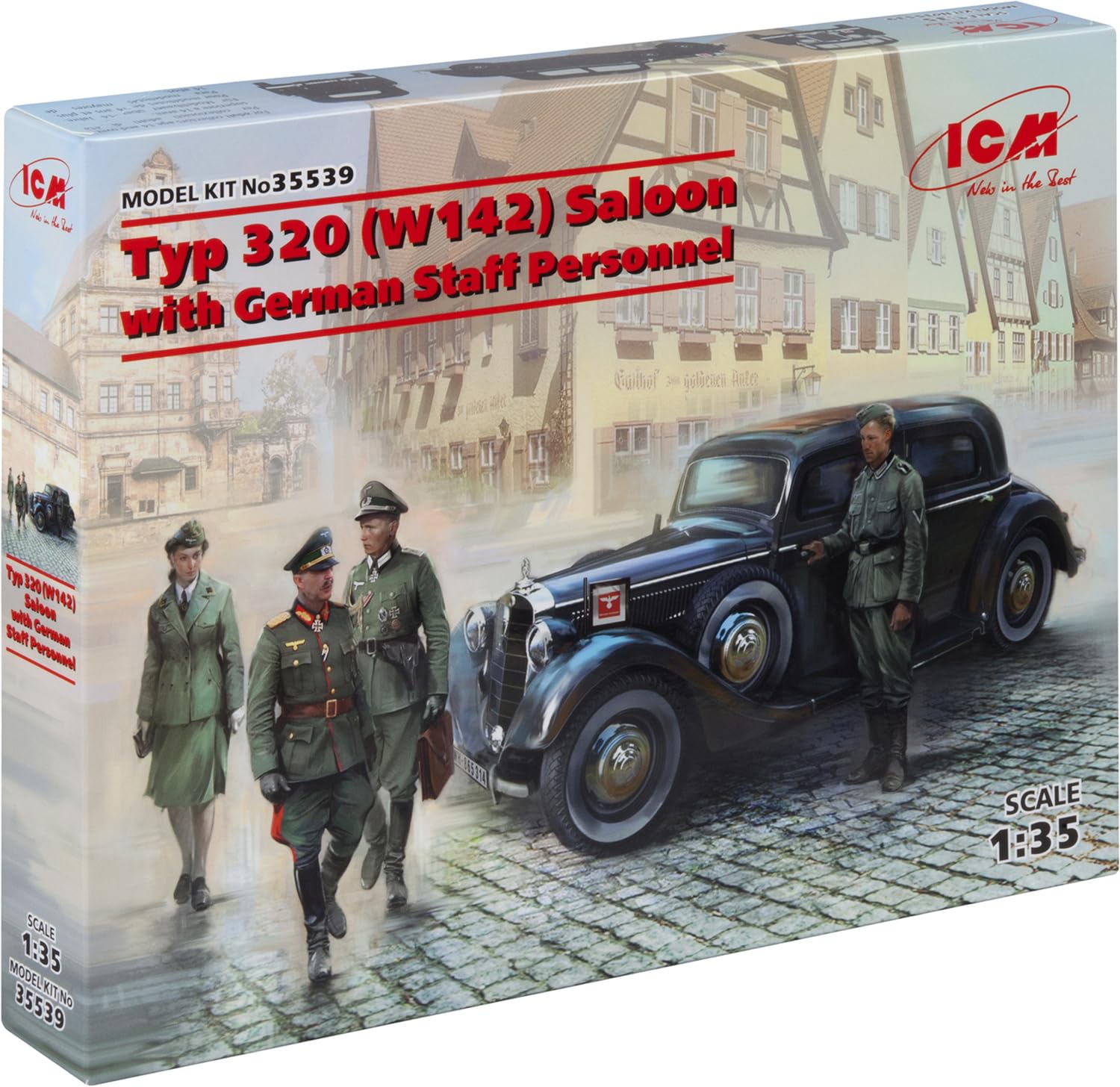 ICM Масштаб 1/35 Немецкий Typ320 (W142) Штабной автомобиль с 4 немецкими штабными фигурами, Пластиковая модель 35539
