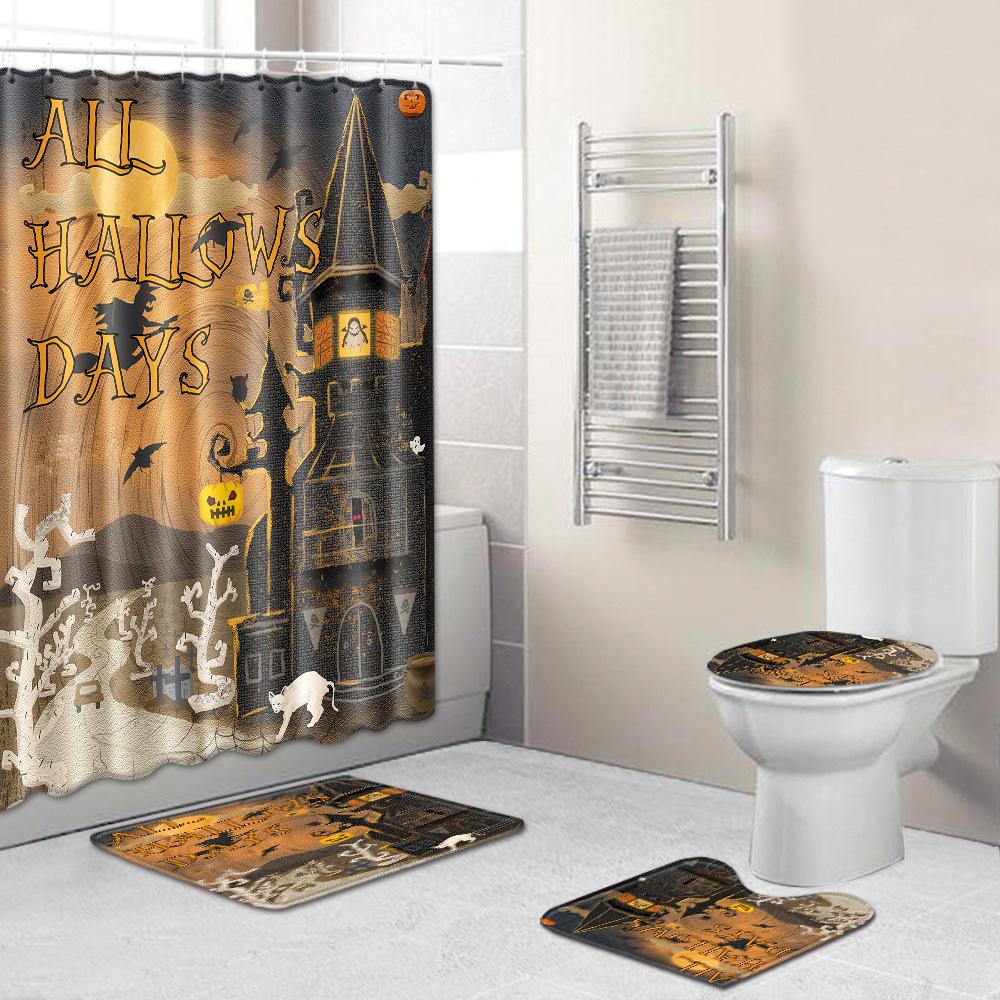 Halloween Shower Curtain Floor Mat Combination Four-Piece Set Bathroom Toilet Carpet Shower Room Foot Mat