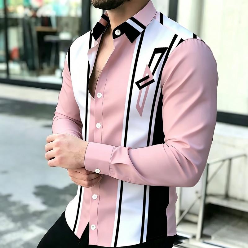 Men's Shirt with Contrasting Striped Print, Slim Fit Collar, Long Sleeved Business Casual Shirt, Available In Multiple Colors