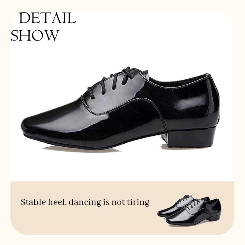 Boys Men's Square Toe Bright Leather Dance Shoes with Breath Light Leather International Standard Dance Heel 1 Inch