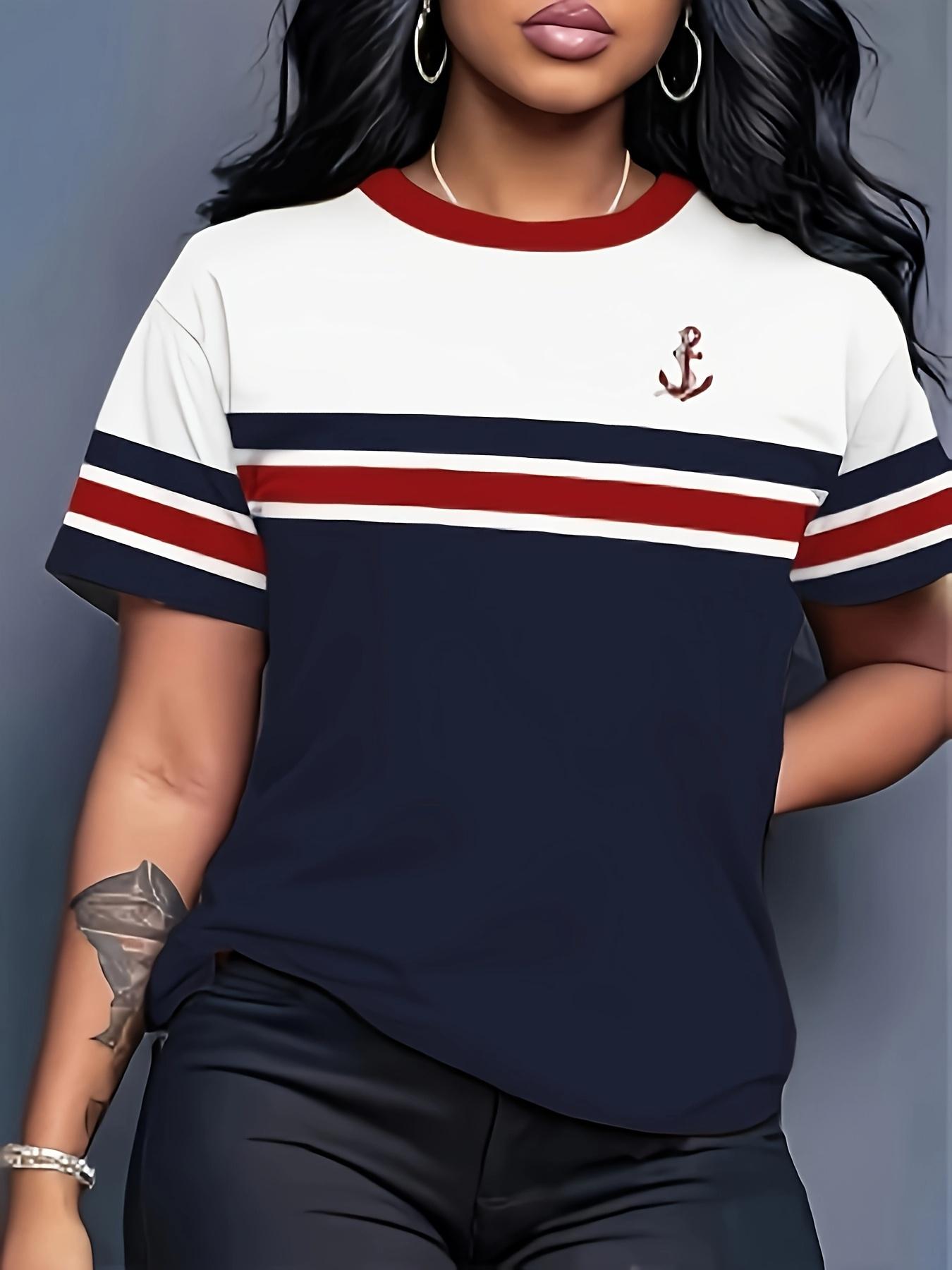 

Women s Nautical Style Vintage Color Block T-Shirt- Navy Blue with White Stripes Short Sleeve+ Anchor Badge Vintage-style Casual Top Suitable for Summ 2XL дубильна кора