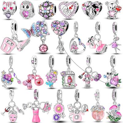 Copper Lovely Pink Color Charms Love Heart Skirt Flower Dangle Pendants Fit Original Fash Bracelet Diy Jewelry