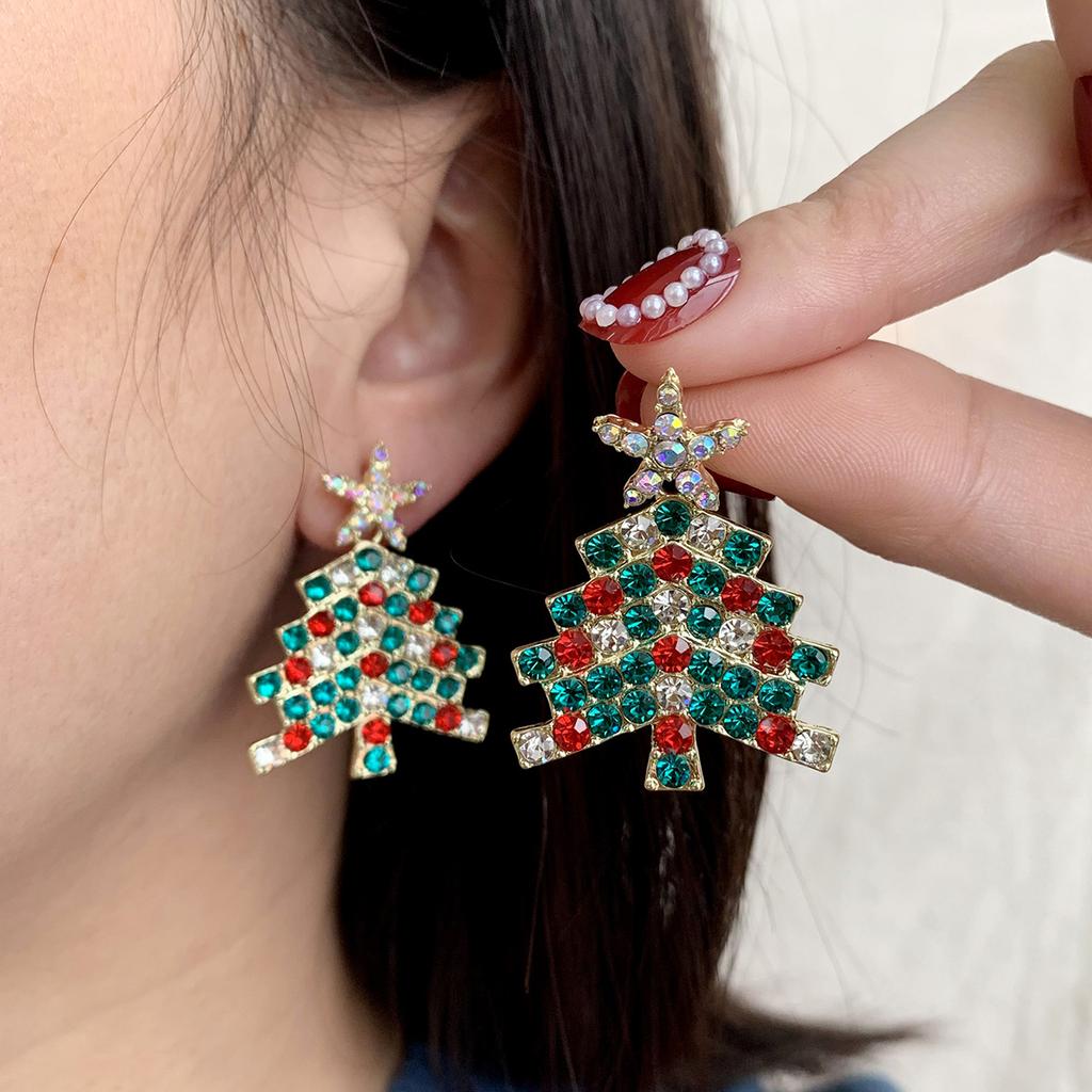 New Trendy Rhinestone Christmas Tree Earrings for Women Exquisite Zircon Xmas Tree Drop Earring Girls New Year Festival Jewelry