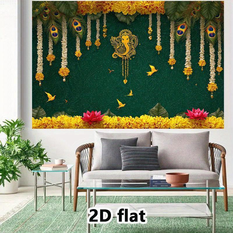 Indian Wedding Banner Decorated with Hen Feathers and Elephant God Ganesha Deep Green and Gold Indian Party Background Cloth