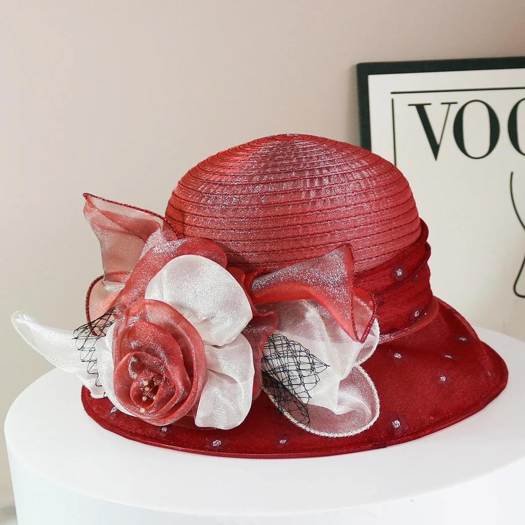 Fashion Hat Women Top Hat Elegant Organza Flower Wide Brim Sun Hat for Women Retro Style Party Banquet Accessory Foldable Beach