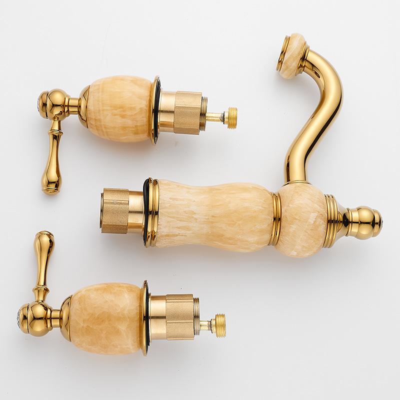 Basin Faucet Gold Brass Jade Bathroom Sink Faucet 3 Hole Widespread Basin Mixer Double Handle Hot And Cold Water Tap New Arrival