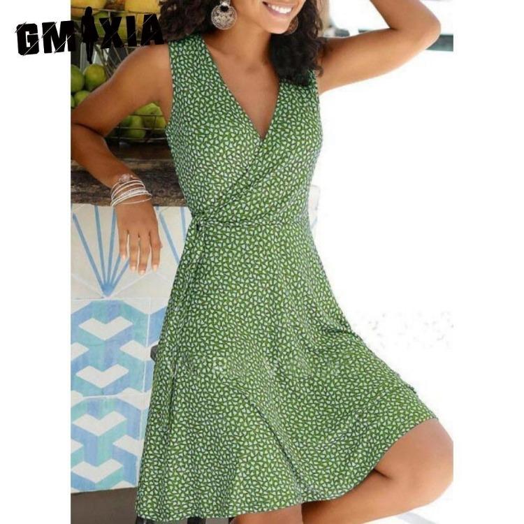 Rochie de vară casual de plajă boemă pentru femei, fără mâneci, cu decolteu în V și imprimeu cu buline