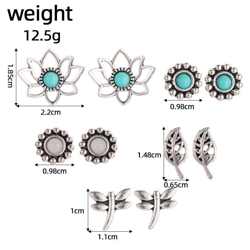 Retro Dragonfly Leaf Earrings Set: 5 Pairs with Micro-Inlaid Turquoise