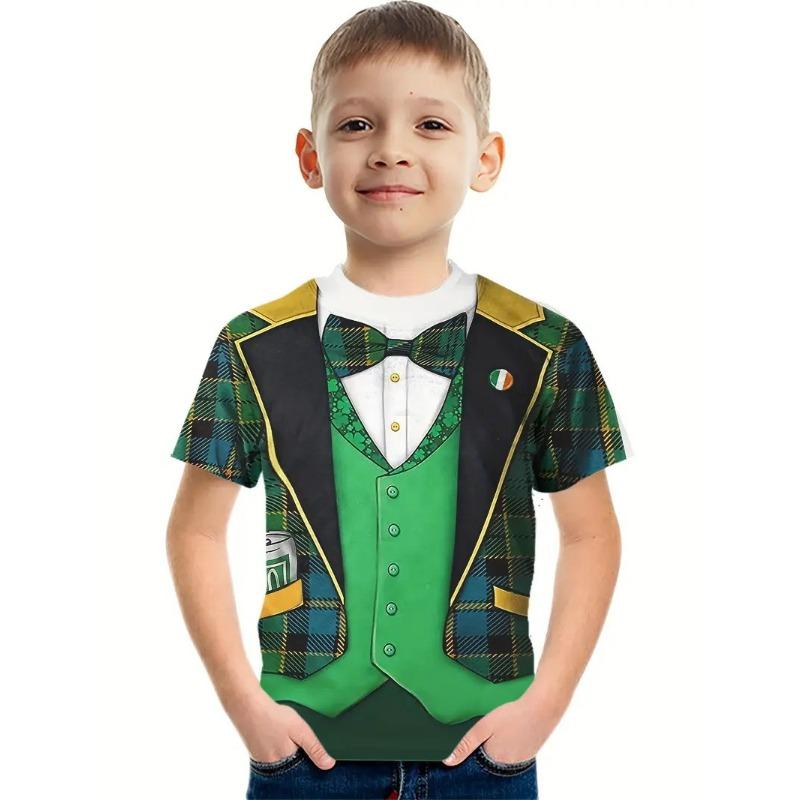 Summer Round Neck 3D False Two-piece Printed Top Role Playing Costume Fashionable Casual Short Sleeved Children's Boy T-shirts