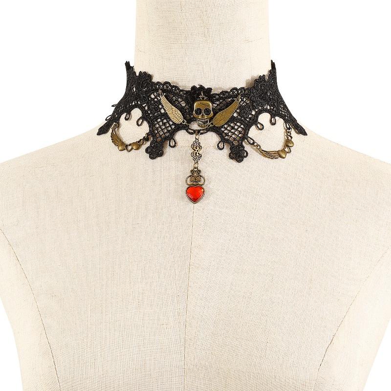Retro Dark Lace Accessories Women, Exaggerated Personality Fringed Lace Skull Jewelry Set