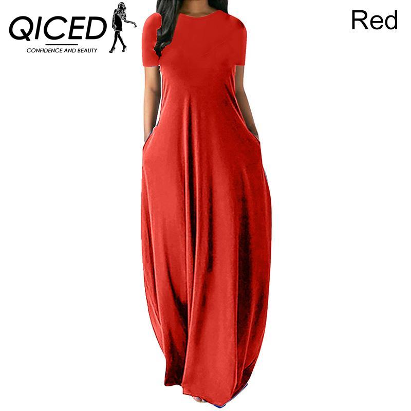 

QICED Женское повседневное свободное длинное платье с круглым вырезом и коротким рукавом, летнее пляжное платье, элегантное вечернее платье XXXL красный