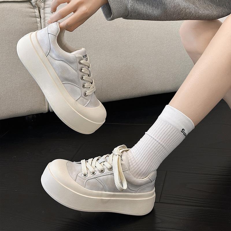 Pantofi casual versatili cu șireturi platformă pentru femei, cap mare, noi de primăvară, adidași din piele lustruită