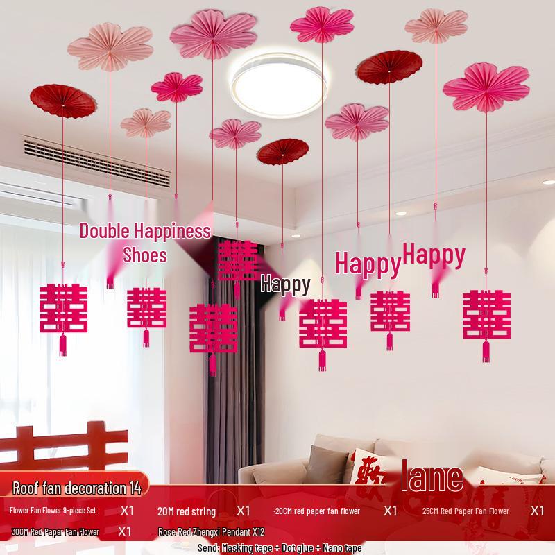 Wedding Ceiling Decoration: Double Happiness Pull Flower Ornament for Bedroom