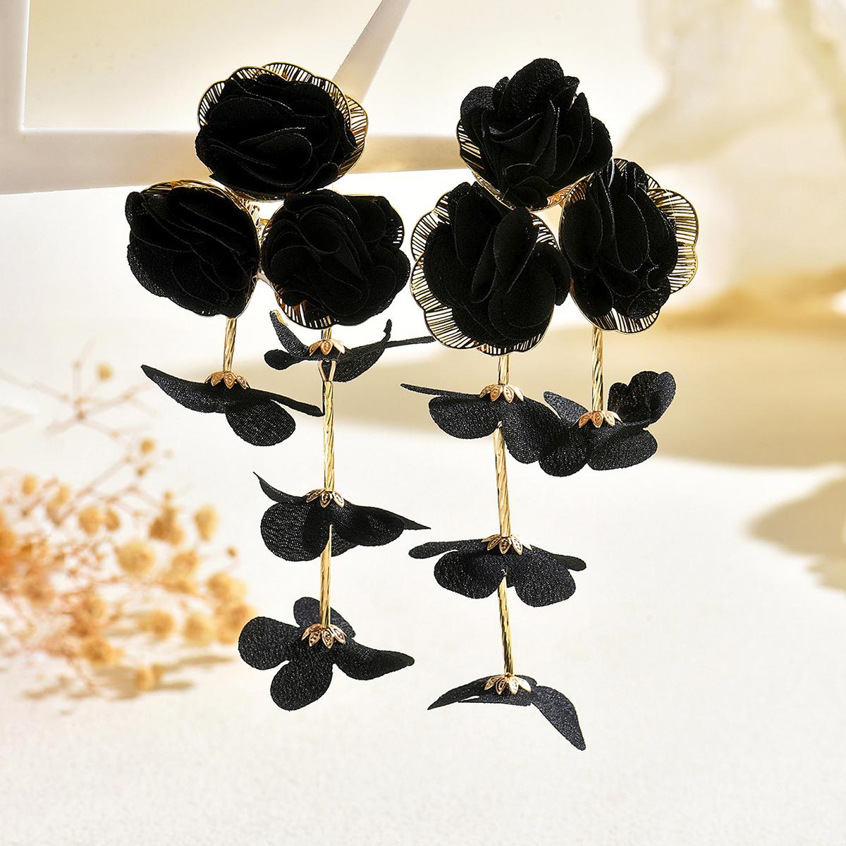 

Boho Floral Butterfly Dangle Earrings Colorful Fabric Flower Drop Earrings For Women Long Tassel Earrings For Beach & Party чорний