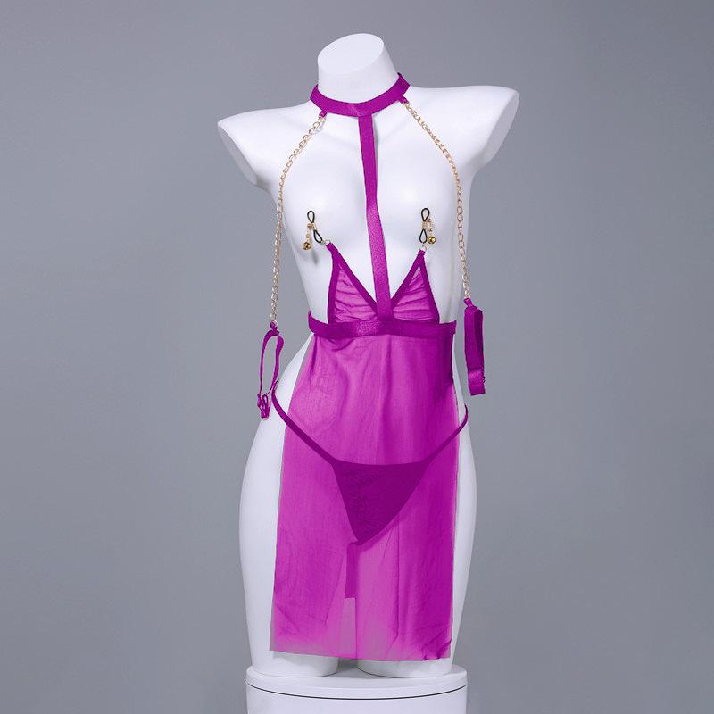 AniLV Women Mesh Transparent Temperament Uniform Chain Chest Clip Dress Lingerie Pajamas Outfit Costumes