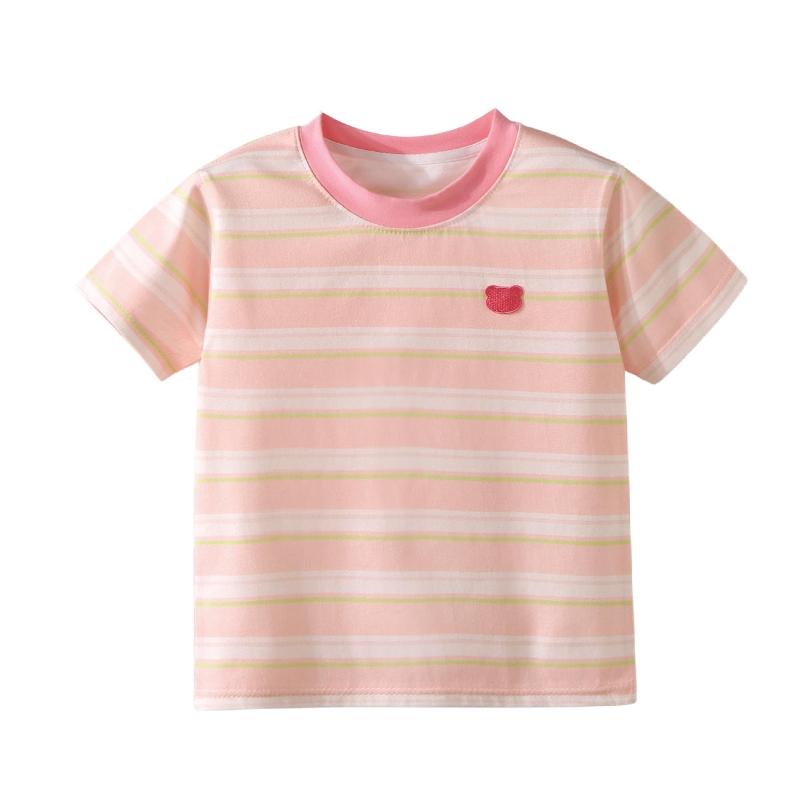 

Summer Striped Printed Short Sleeved T-shirt Girls Clothes Fashion Color Blocked Children s Casual Top Boys Girls Clothes 80 розовый