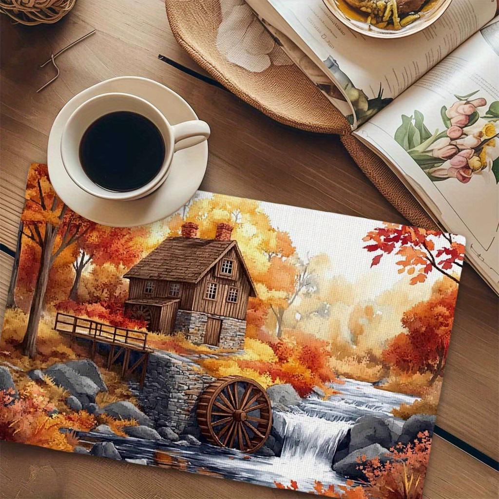 4pcs Set of Placemats 12x18 Inches - Autumn Water Wheel Stream Scenery Placemats for Holiday Gatherings, Camping, Travel, Countr