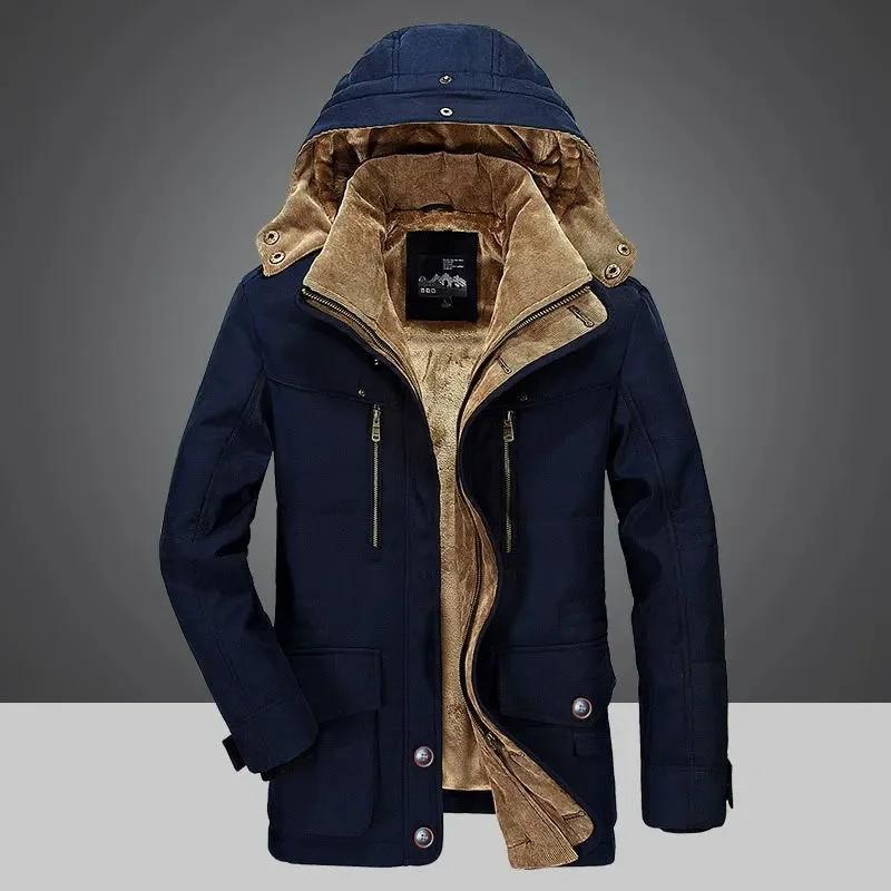 Solid Parkas Male Zipper Coat Large Size Clothing Parka Outdoor Men's Winter Jacket Plus Velvet Thick Warm Multi Pocket Jackets