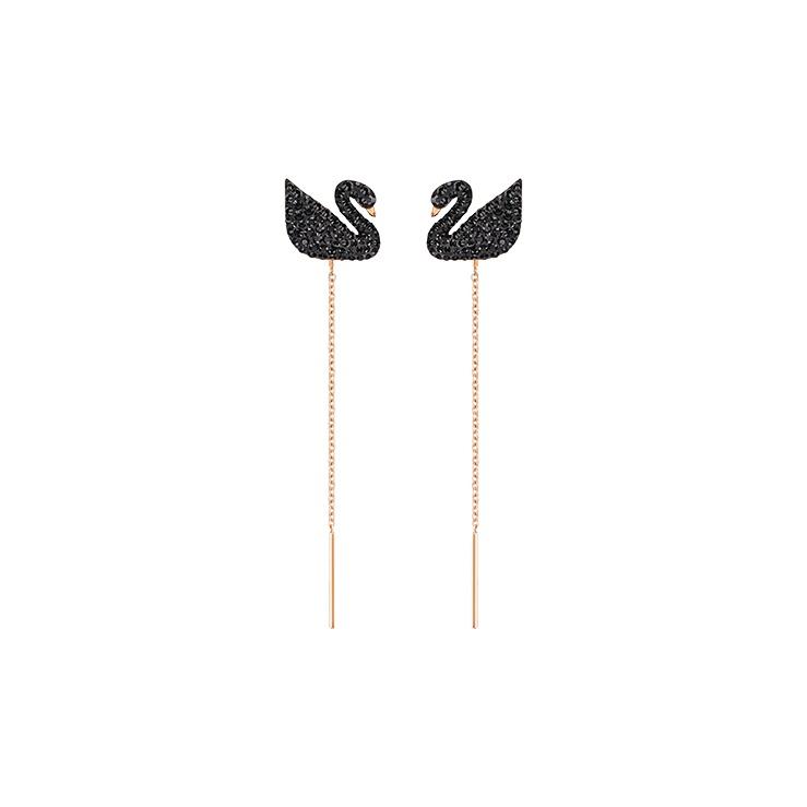Swarovski Swan Asia Exclusive Collection Iconic Swan Pierced Rose Gold Plated Crystal Earrings Women earrings Black 5351805 Box (Random Color)
